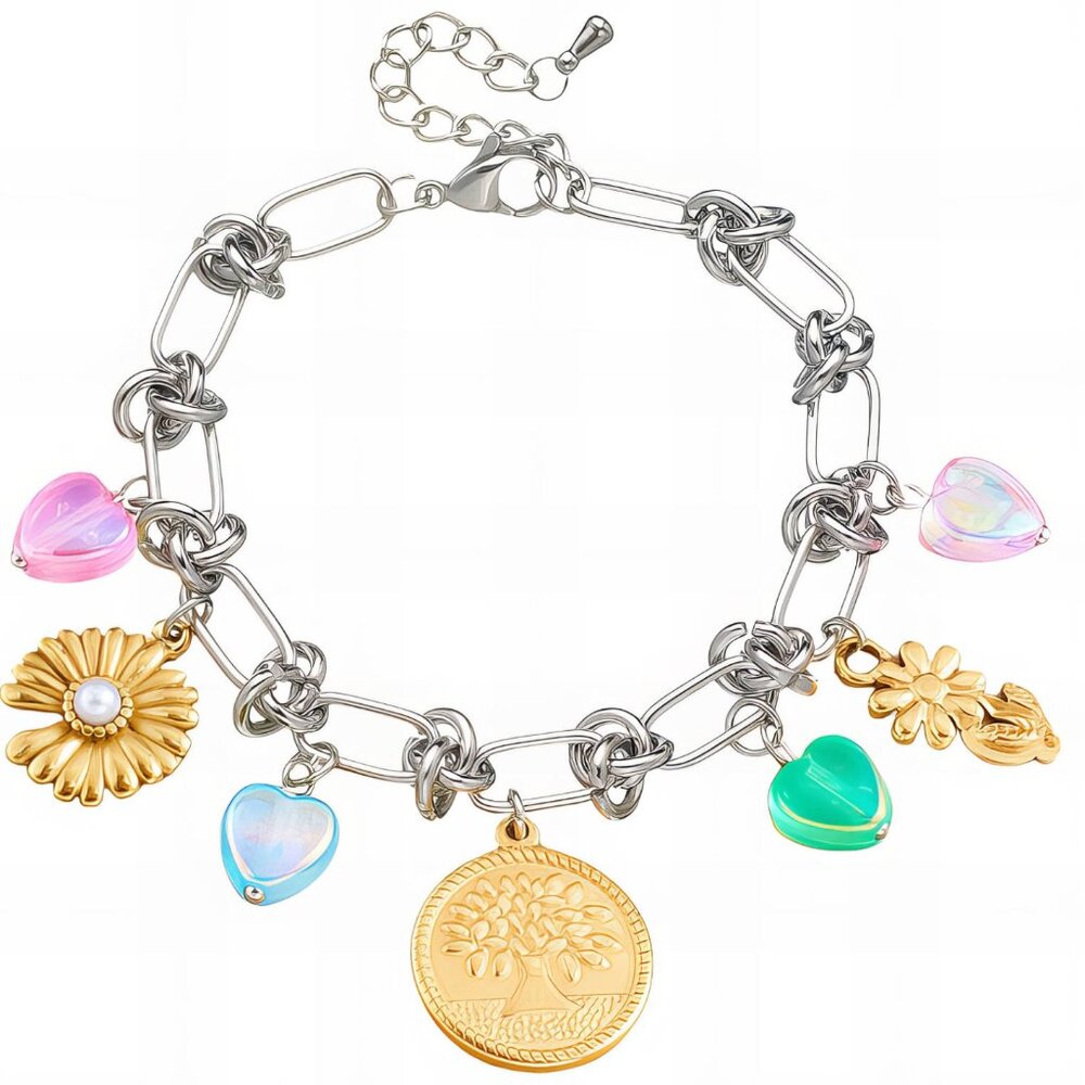 Y2K Charm Bracelet 🌸💖 Tree of Life Gold & Silver Charm Bracelet